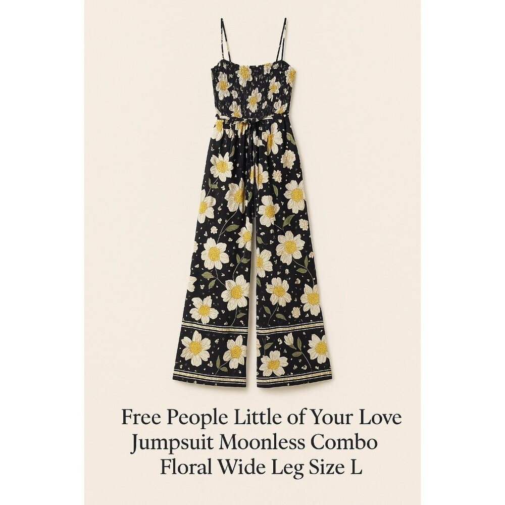 Free People Little of Your Love Jumpsuit Moonless Combo Floral Wide Leg Size L - Picture 3 of 9